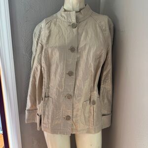 Chico's Khaki Linen Cotton Blend Utility Shine Jacket. Size 2 (L)